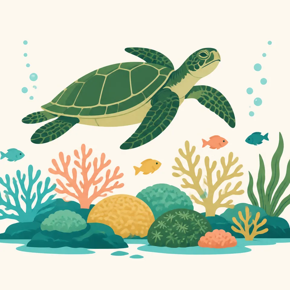 A sea turtle swimming above a coral reef, the extra drawing for the park.