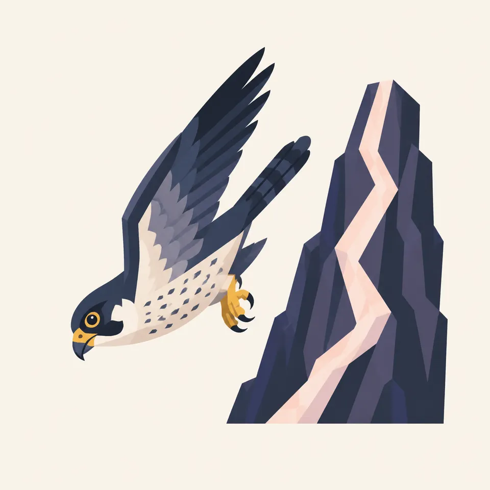 A falcon passes a dark rock spire, the extra drawing for the park.
