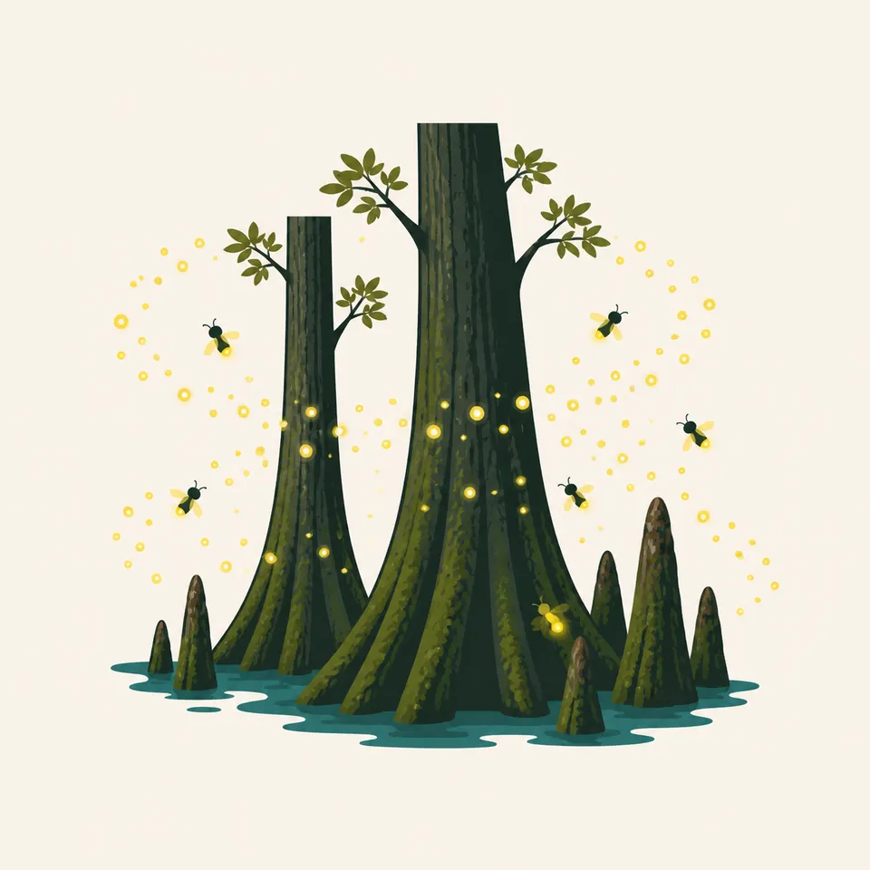 Bald cypress trunks and knees in shallow water, with fireflies, the extra drawing for the park.