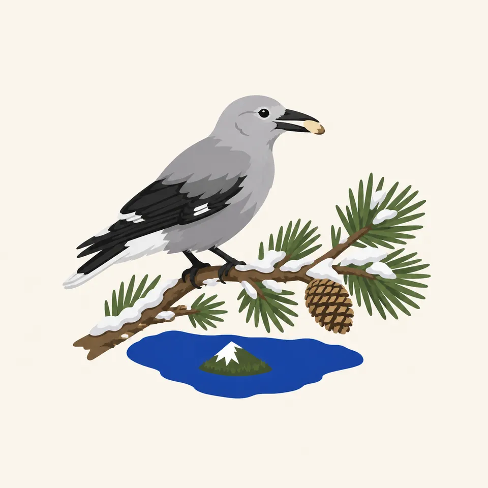 A gray bird on a snowy pine branch above a small blue lake and island, the extra drawing for the park.