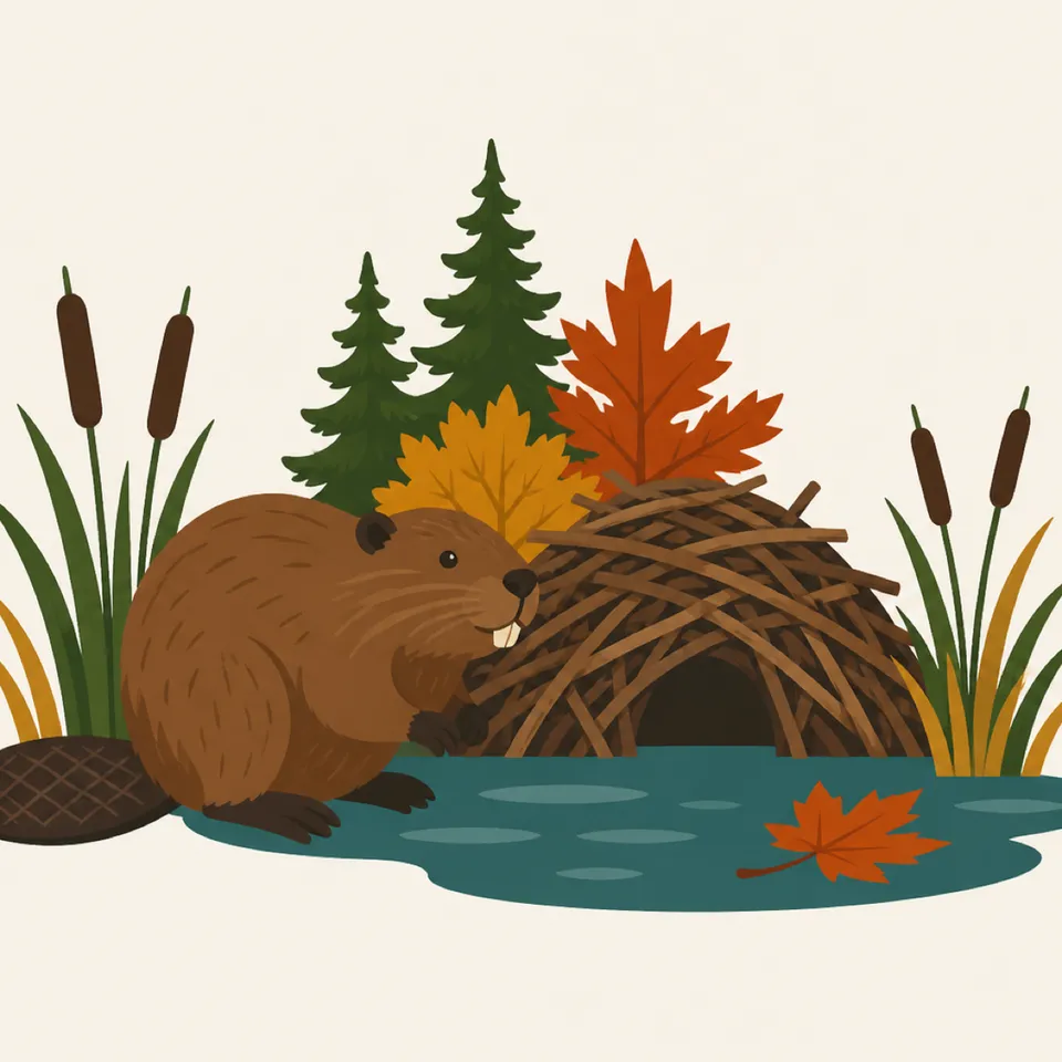 A beaver beside a stick lodge in a wetland, the extra drawing for the park.