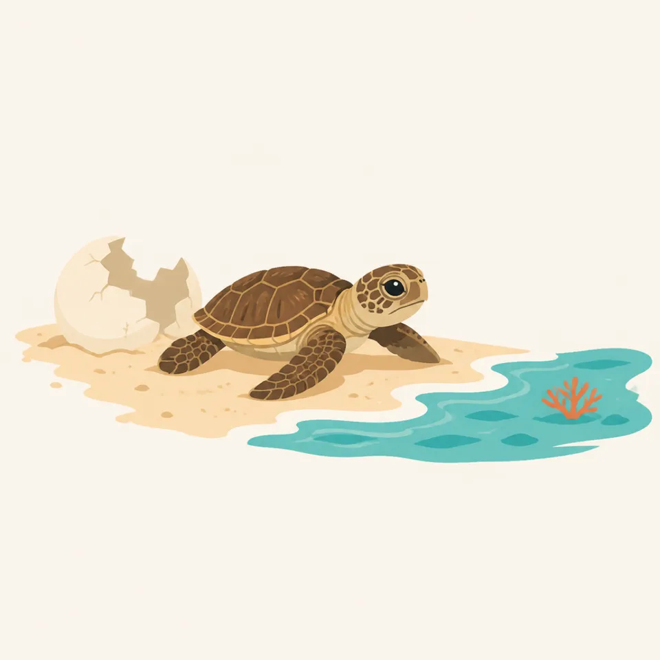 A sea turtle hatchling crossing sand toward the water, the extra drawing for the park.