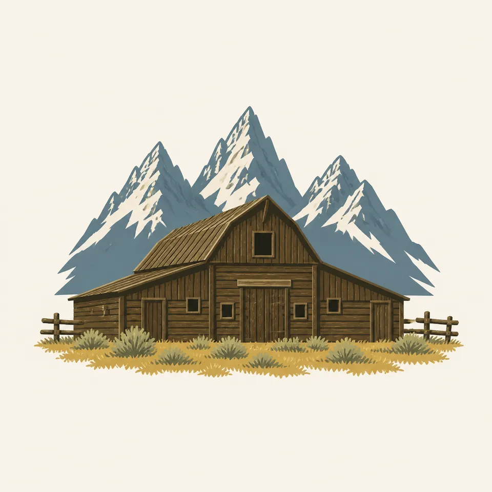 A valley barn with the Teton peaks behind it, the extra drawing for the park.