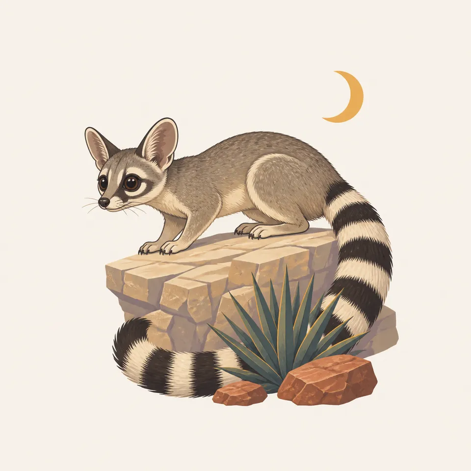 A ring-tailed animal on a rock ledge at night, the extra drawing for the park.