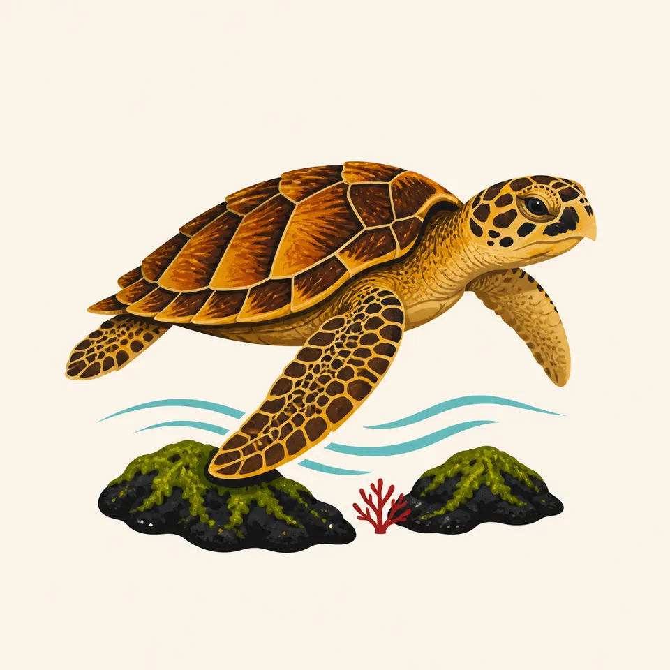 A hawksbill turtle swimming above dark lava rock, the extra drawing for the park.