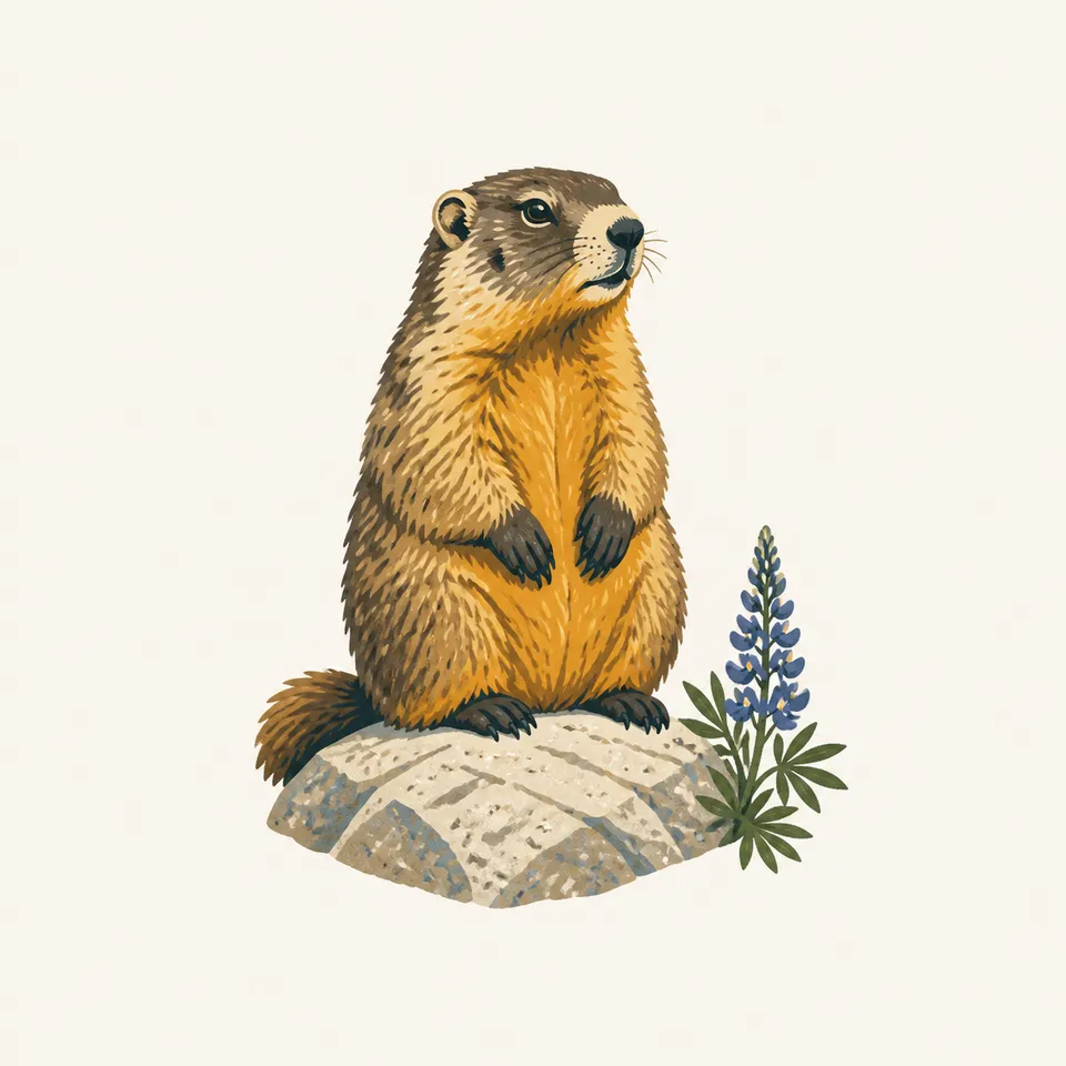 A yellow-bellied marmot beside a lupine flower, the extra drawing for the park.