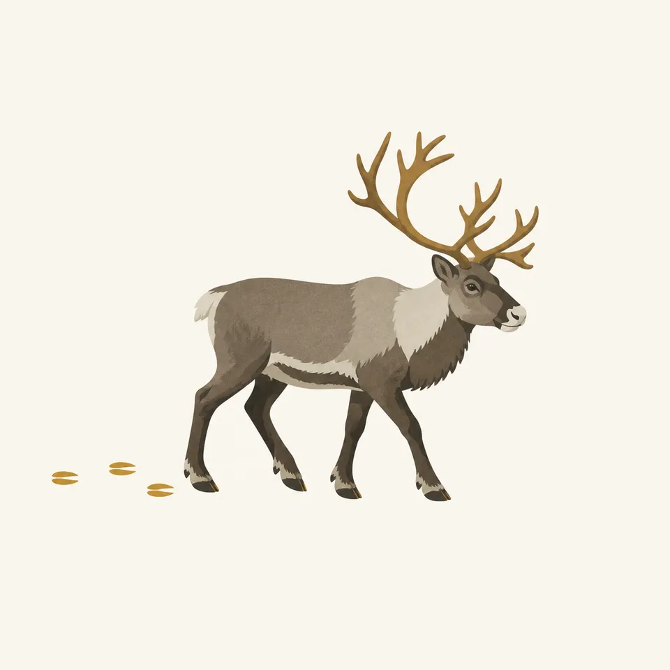 A caribou walking, its tracks behind it, the extra drawing for the park.