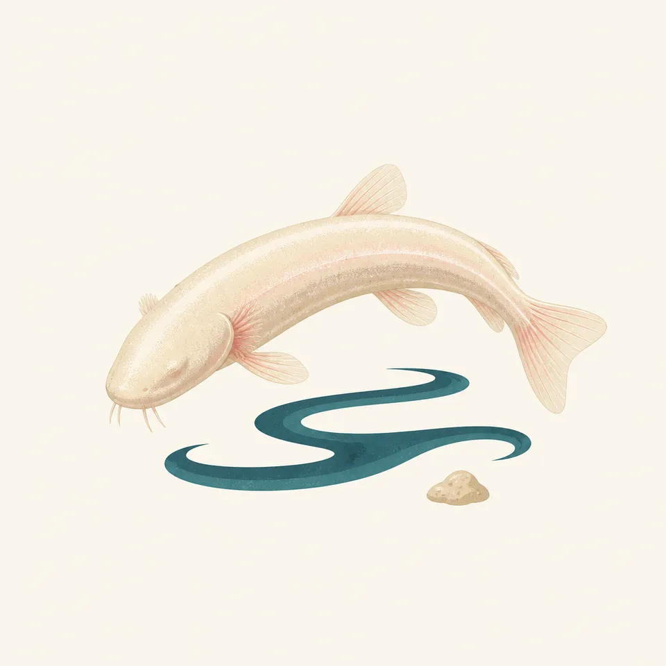 A pale, eyeless cavefish over a dark underground stream, the extra drawing for the park.