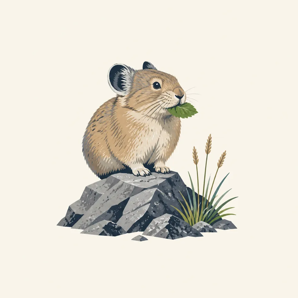 An American pika eating a blade of grass on a rock, the extra drawing for the park.